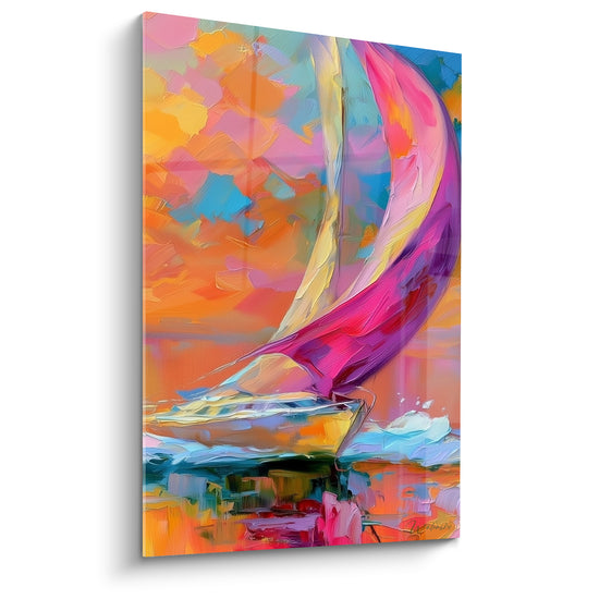 Tableau Voilier magenta et orangé fendant l'écume turquoise - Ciel incandescent nuageux - Edition Bateau abstrait