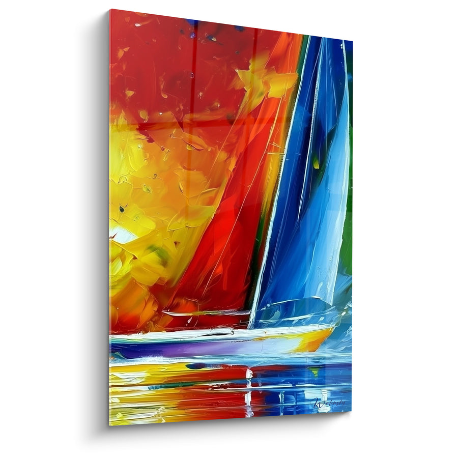 Tableau Voilier rouge et bleu au ciel embrasé - Reflet coloré sur l'eau - Edition Bateau abstrait