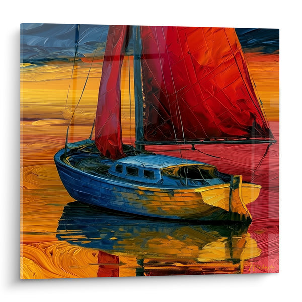Tableau Voilier bleu aux voiles rouges - Calme avant le large - Edition Bateau abstrait