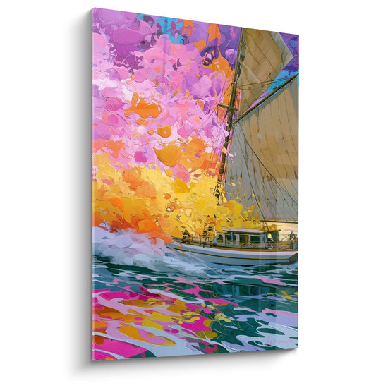 Tableau Voilier beige aux voiles rose et jaune éclatant - Reflets sur l'eau verte - Edition Bateau abstrait