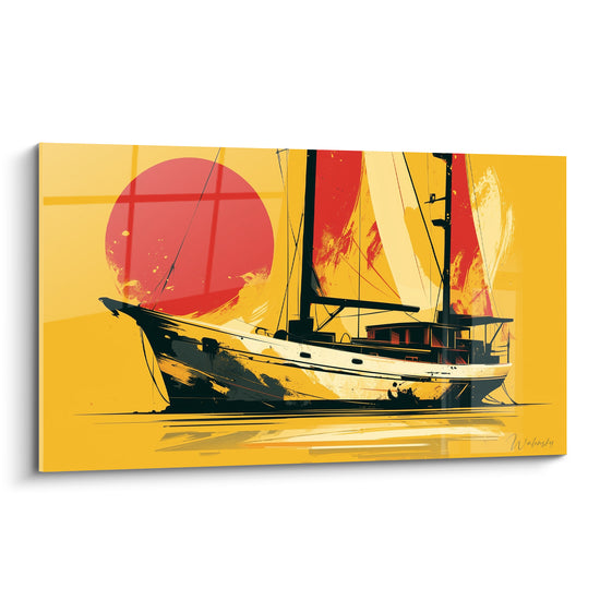 Voilier noir et blanc devant un soleil rouge sur fond jaune, tableau bateau abstrait graphique