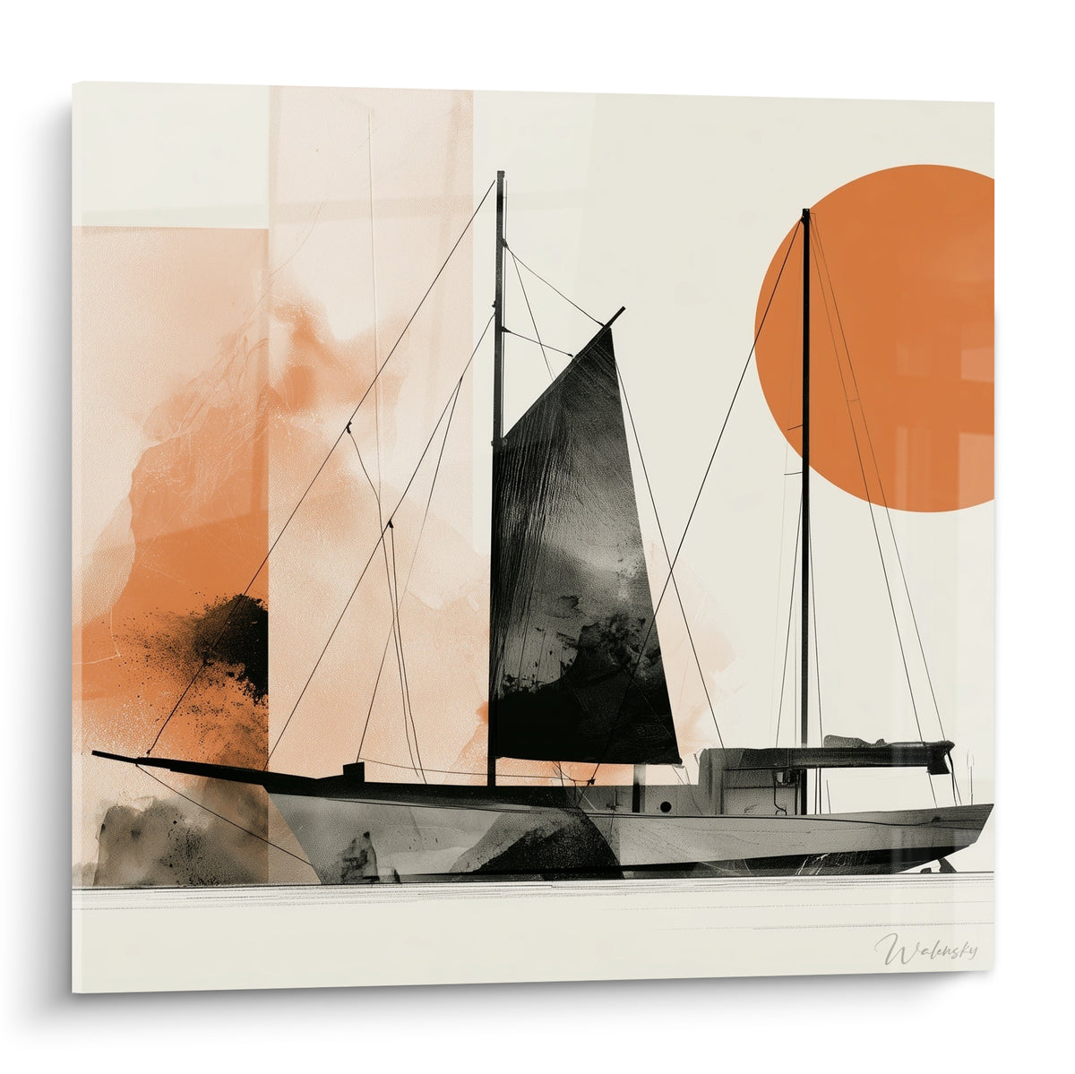 Voilier noir et soleil orange, tableau bateau abstrait aux tons terracotta et ivoire