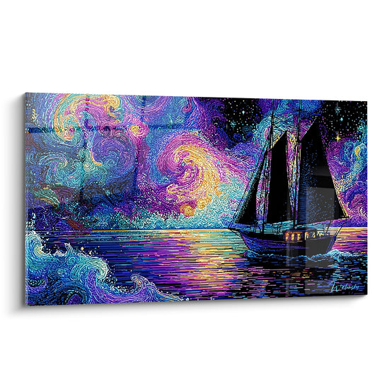Voilier noir aux voiles sombres sur mer violette et dorée, ciel étoilé tourbillonnant, tableau bateau abstrait