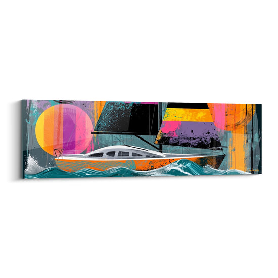 Voilier blanc et orange sur vagues turquoise, tableau bateau abstrait aux voiles violettes et roses éclatantes