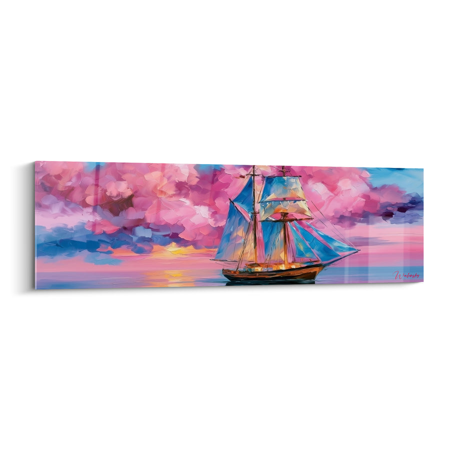 Tableau Voilier bleu et rose sous nuées cotonneuses - Deux mâts gréés - Edition Bateau abstrait