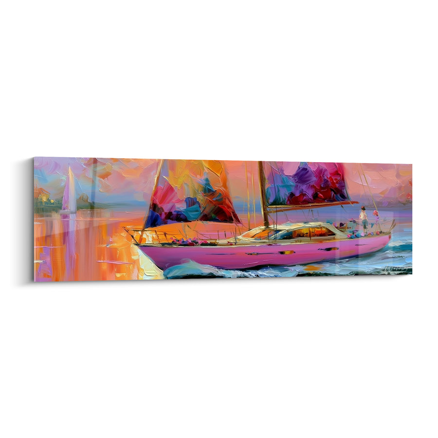 Tableau Voilier rose et violet aux voiles éclatées - Silhouette sur le pont - Edition Bateau abstrait