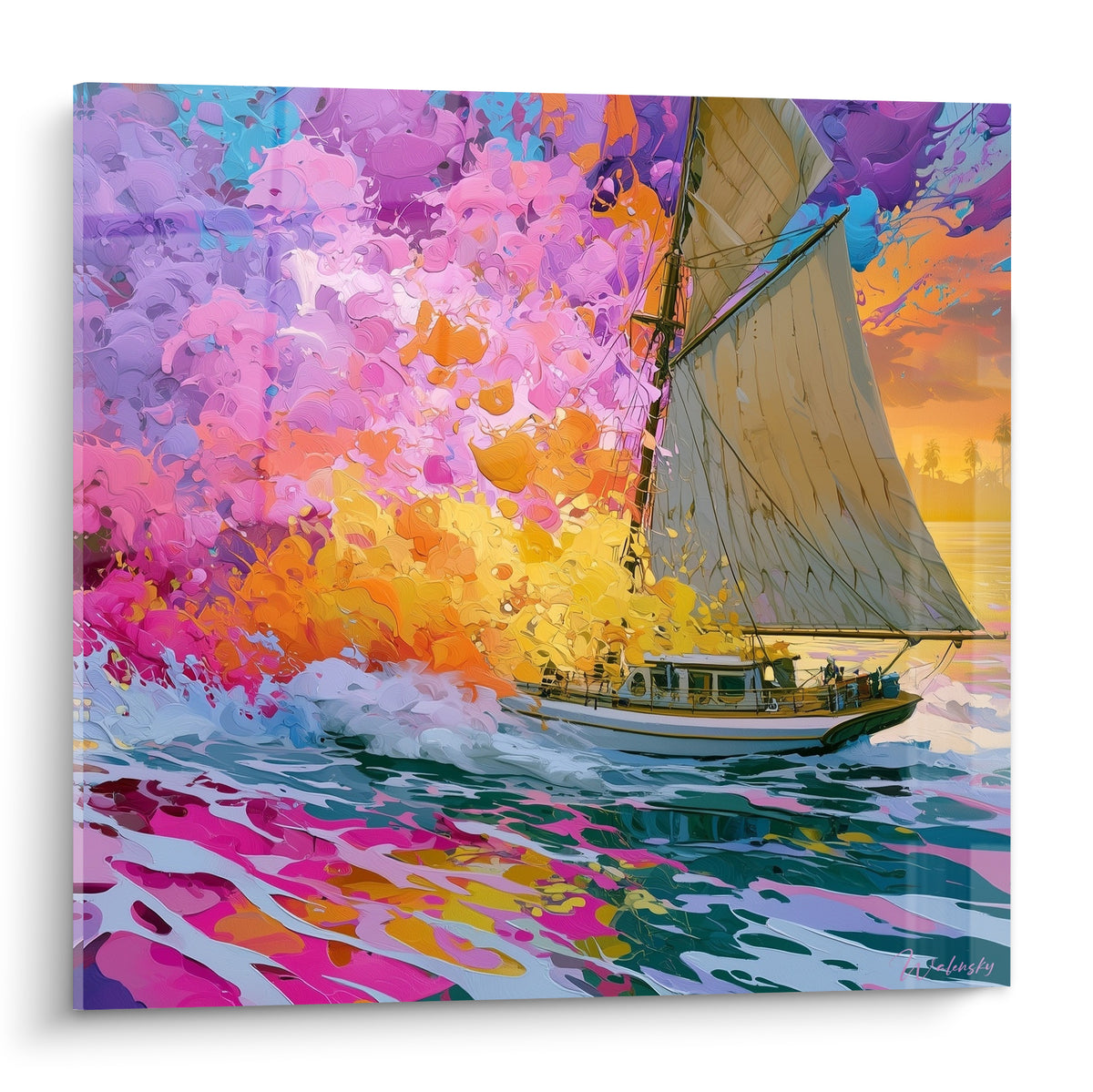 Voilier blanc voguant parmi des éclaboussures roses, orange et turquoise sur une mer colorée