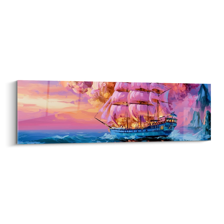 Tableau Trois-mâts bleu et rose voiles gonflées - Falaises turquoise à l'horizon - Edition Bateau abstrait
