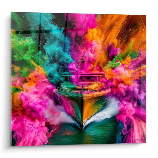 Yacht doré fendant des fumées turquoise et roses, coque brillante, sillage blanc sur mer sombre