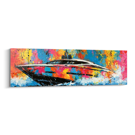 Tableau Yacht noir et blanc sur éclaboussures multicolores - Cavalcade océanique - Edition Bateau abstrait