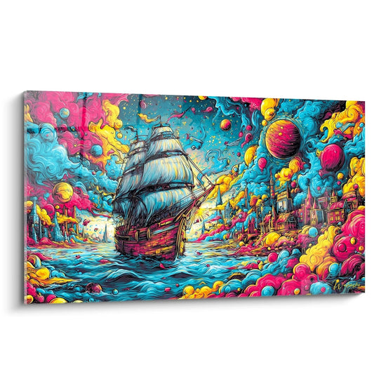 Tableau mural bateau pirate psychédélique avec couleurs vives roses jaunes bleues style fantastique décoratif