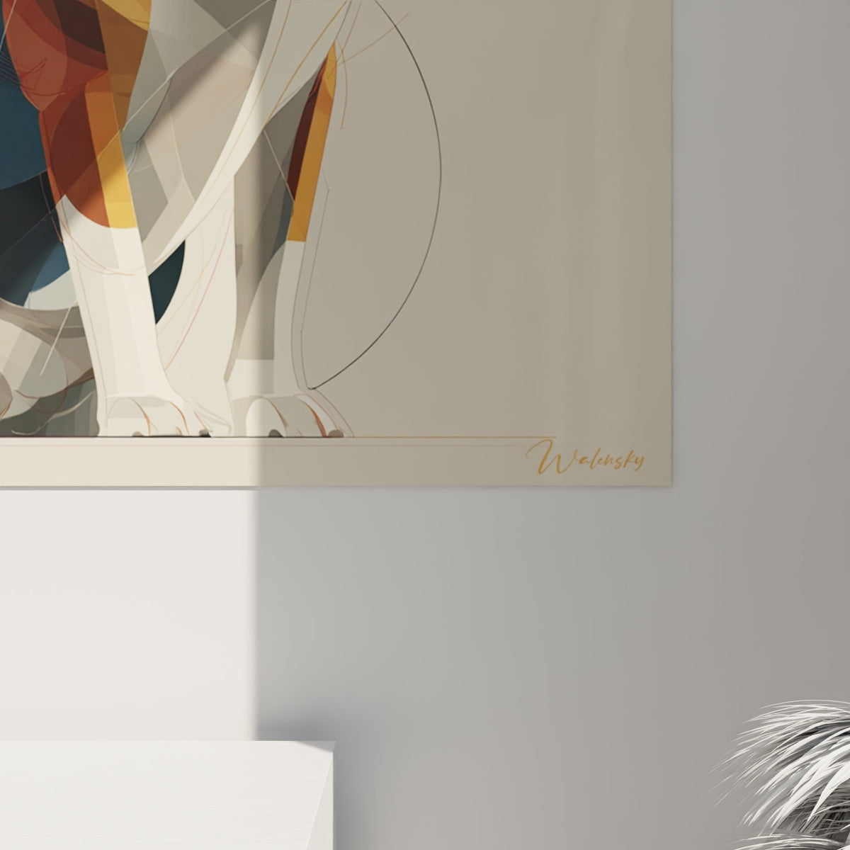 tableau beagle art geometrique salon moderne decoration murale chien stylise couleurs