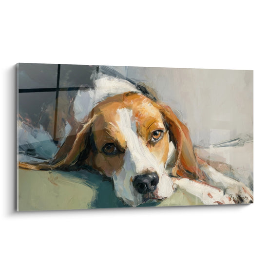 Tableau portrait beagle endormi tons ocre blanc peinture artistique chien repos paisible