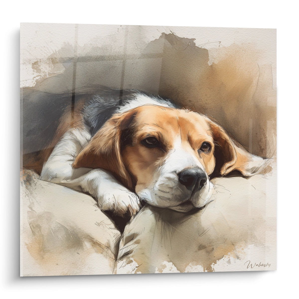 Tableau beagle endormi aux tons ocre et blancs style aquarelle sur fond beige