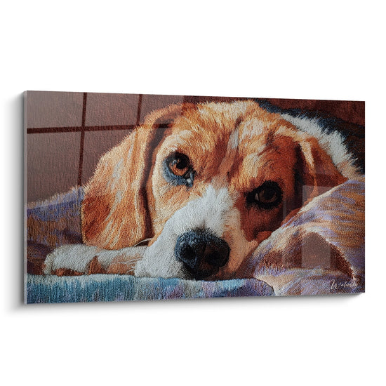 Tableau beagle endormi aux tons roux et blancs, tete posee sur coussin bleu, portrait canin attendrissant
