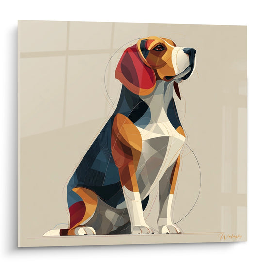 tableau beagle geometrique multicolore art moderne chien facettes oranges bleues