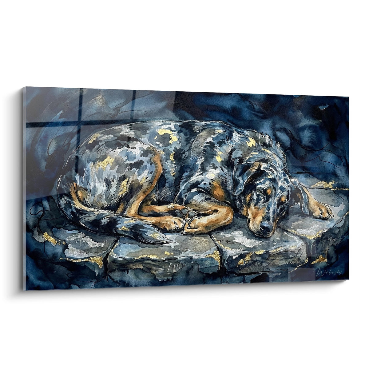 Tableau aquarelle Beauceron endormi tons bleus et dorés sur pierres grises ambiance apaisante repos chien berger