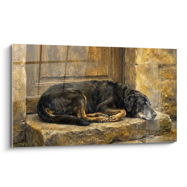 Tableau Chien Noir et Brun Endormi sur Pierre - Repos Paisible - Edition Beauceron