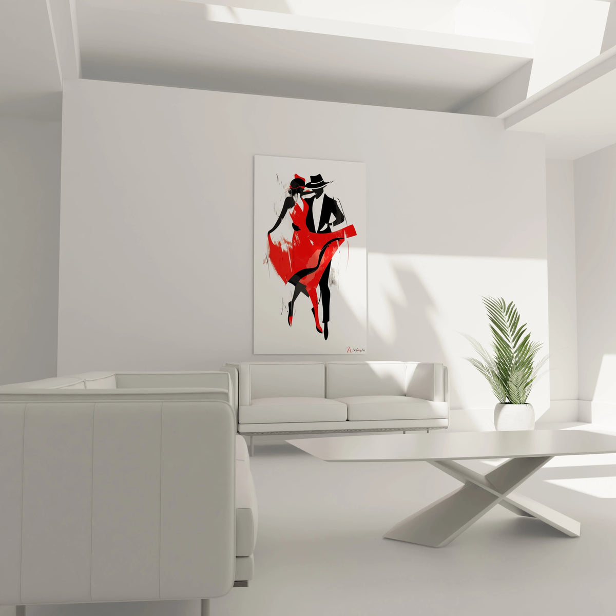 Un tableau danseuse abstrait affichant des contrastes marqués entre le rouge éclatant et le noir profond, des traits fluides et des effets de superpositions sur un fond clair.

