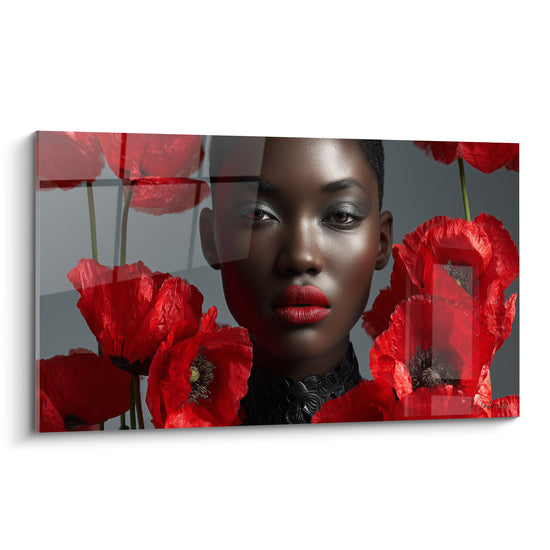 Visage anthracite entouré de coquelicots rouges, lèvres rouge vif, regard intense sur fond gris