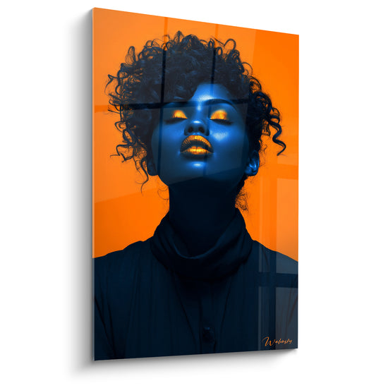 Tableau Portrait féminin bleu et orange lumineux - Abandon intérieur - Edition Beauté féminine