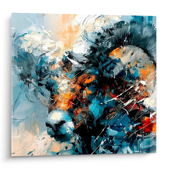 Bélier peint en bleu anthracite et ocre, cornes torsadées, matière gestuelle intense