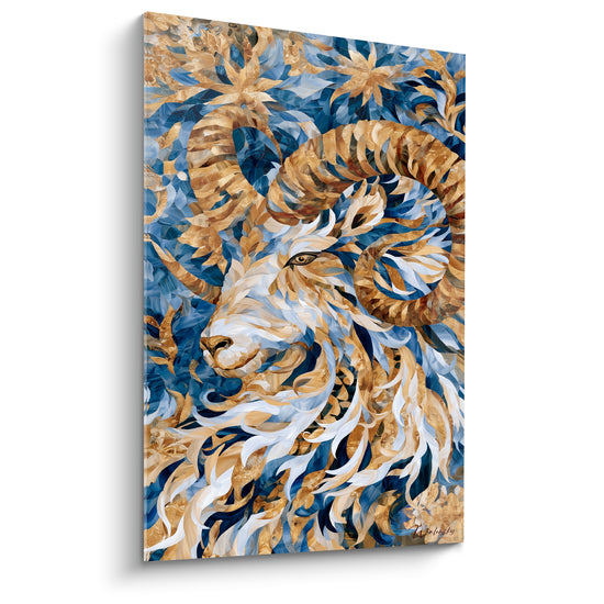 Tableau Bélier bleu marine et doré fleurs stylisées - Étoiles ornementales - Edition Bélier