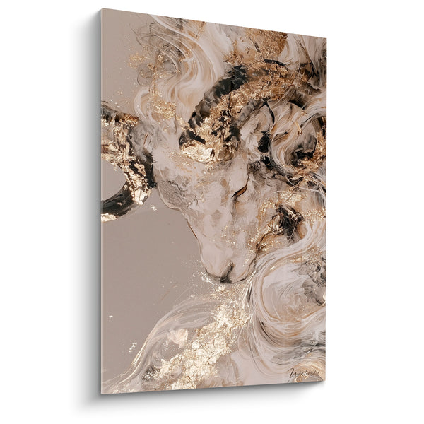 Tableau Bélier cornes dorées fond taupe - Majesté minérale - Edition Bélier