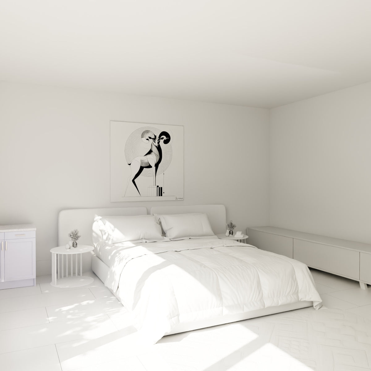 Silhouette de bélier anthracite et blanc, cornes enroulées, au-dessus d'un lit dans une chambre claire