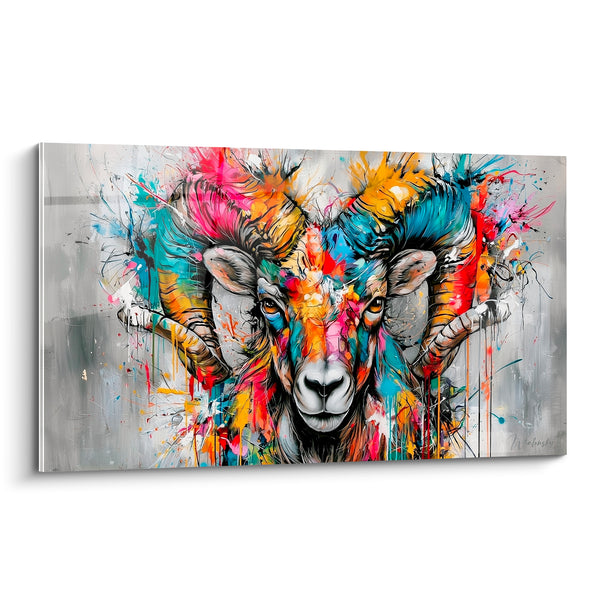 Tableau Bélier cornes turquoise et rose éclaboussées - Instinct sauvage libéré - Edition Bélier