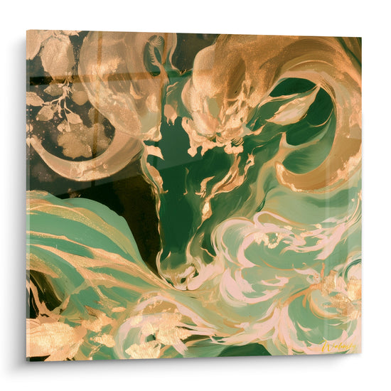 Silhouette du Bélier en vert émeraude et doré, cornes en volutes fluides sur fond sombre