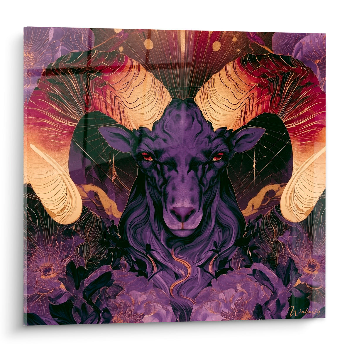 Bélier violet aux cornes dorées spiralées, regard fauve intense sur fond anthracite et bordeaux
