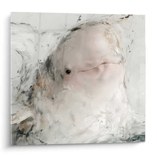 Beluga au regard sombre, sculpté en blanc et anthracite avec touches dorées, matière picturale épaisse