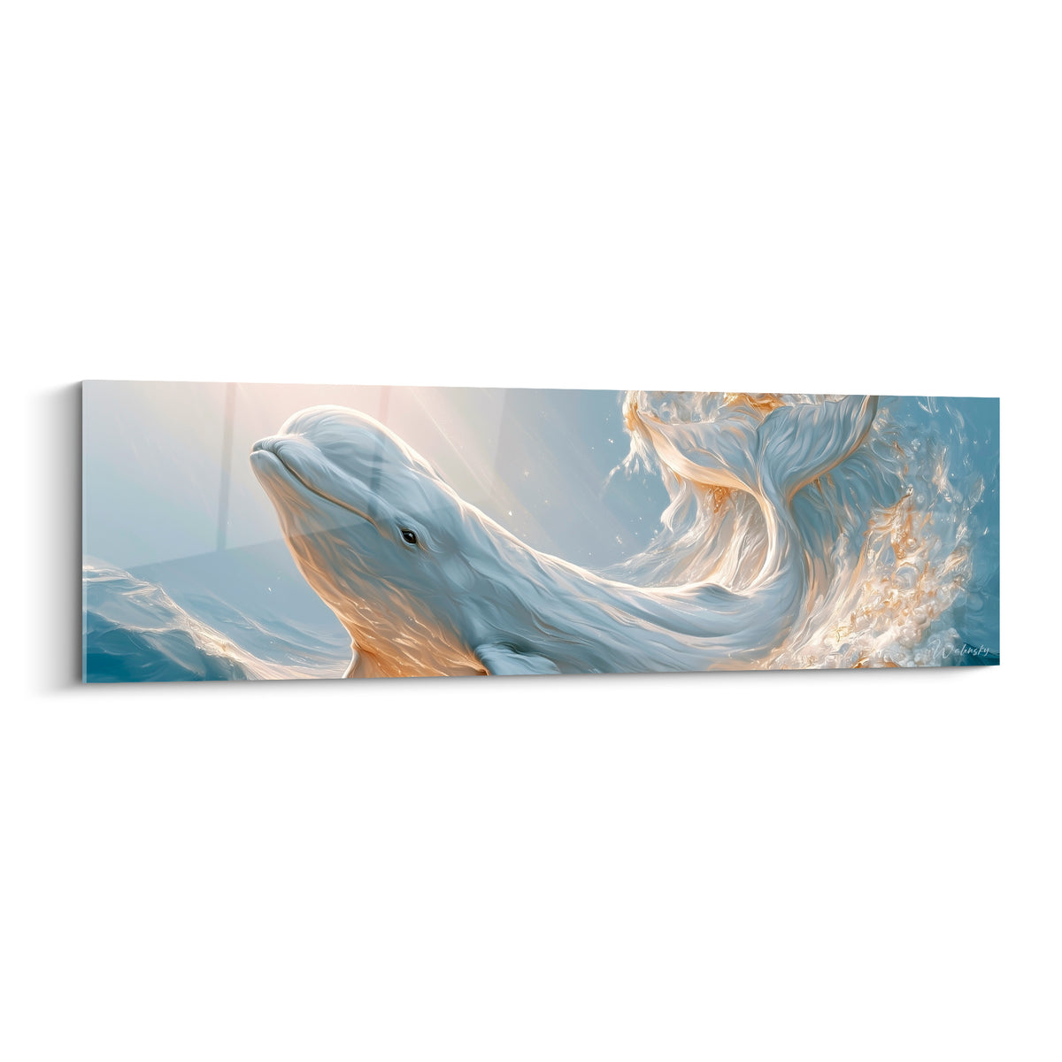 Beluga blanc nacré émergeant d'une vague dorée, rayons lumineux et bleu glacé en fond