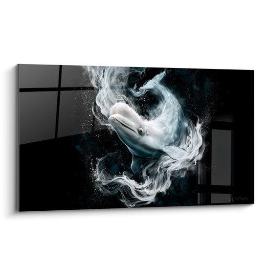 Beluga blanc émergeant de volutes de fumée anthracite, regard doux, composition centrée dramatique