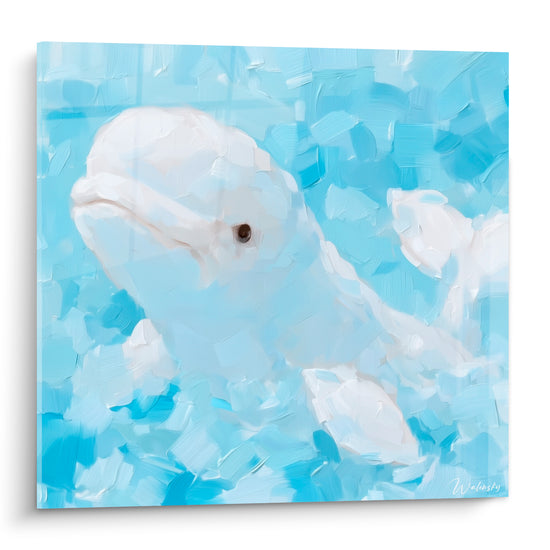 Beluga blanc nacré émergeant d'une eau bleu ciel, texture empâtée et regard doux au centre