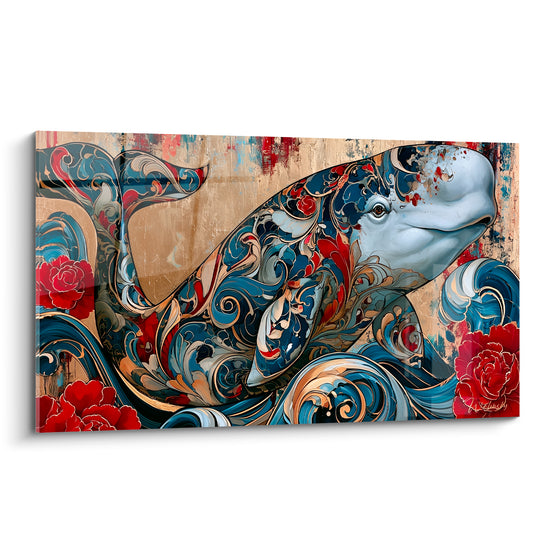 Beluga couvert d'arabesques bleu marine et rouge pivoine, style estampe japonaise sur fond ocre