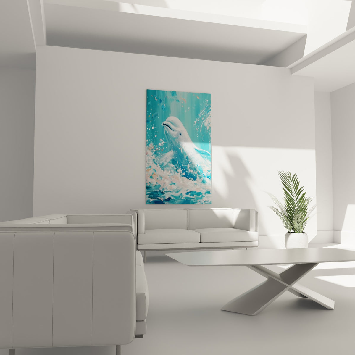 Créature nacrée émergeant d'éclaboussures bleu pastel et roses, au-dessus d'un canapé dans un salon lumineux