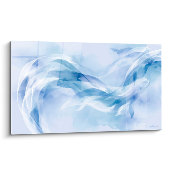 Beluga glissant parmi des voiles bleu pastel et blanc nacré, silhouette fondue dans la brume marine