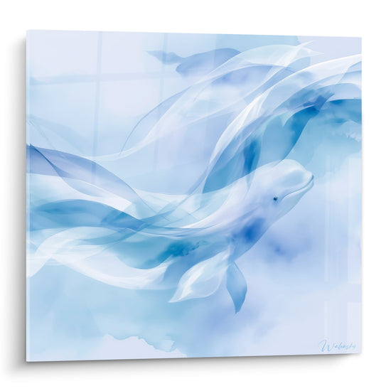 Beluga blanc nacré nageant, entouré de voiles bleu pastel et bleu marine translucides