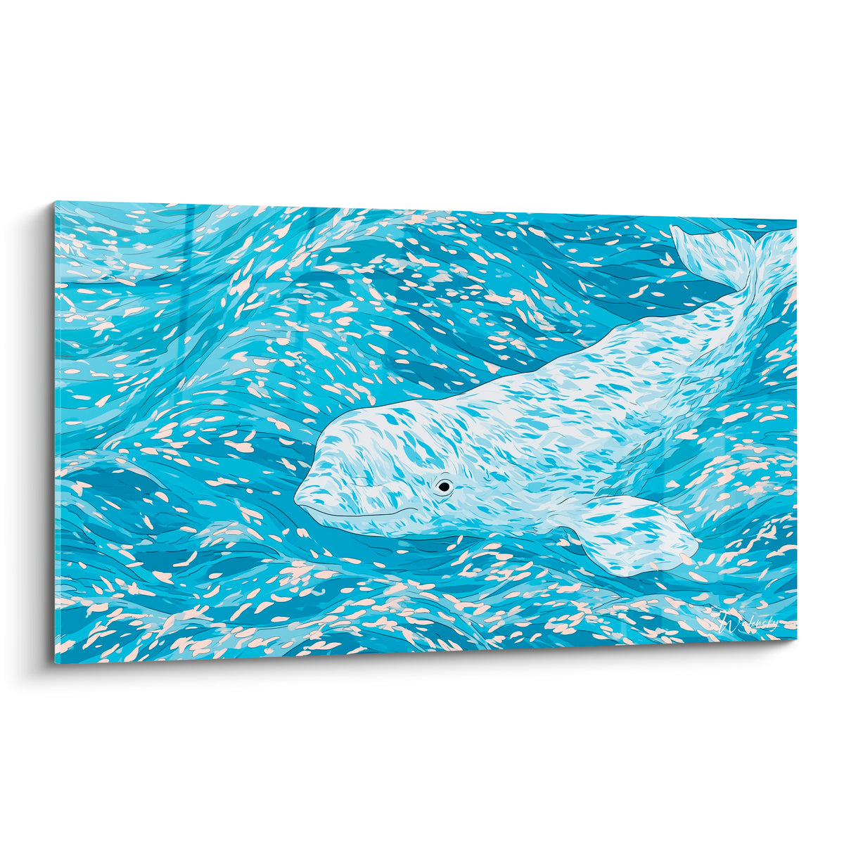 Beluga blanc nacré nageant dans des vagues bleu turquoise et bleu profond stylisées