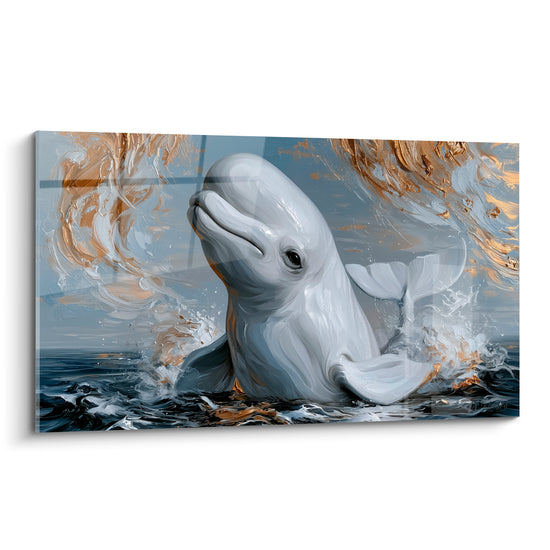 Beluga blanc jaillissant des flots, entouré de remous dorés et bleu marine intenses