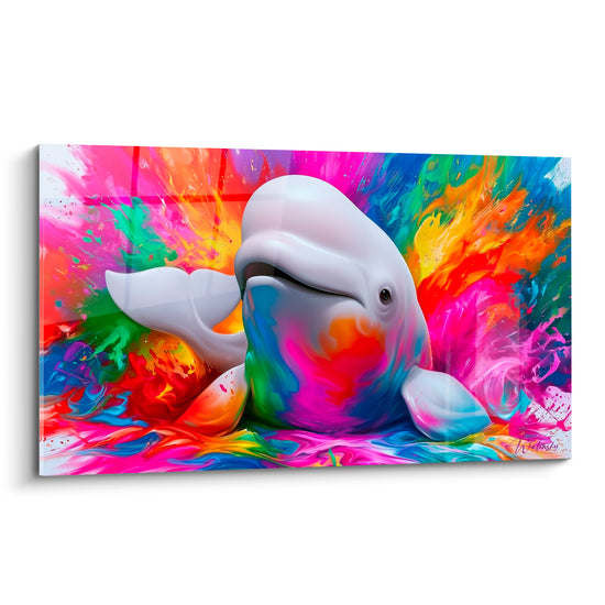 Beluga blanc au regard paisible entouré d'une explosion rose fuchsia et turquoise éclatante