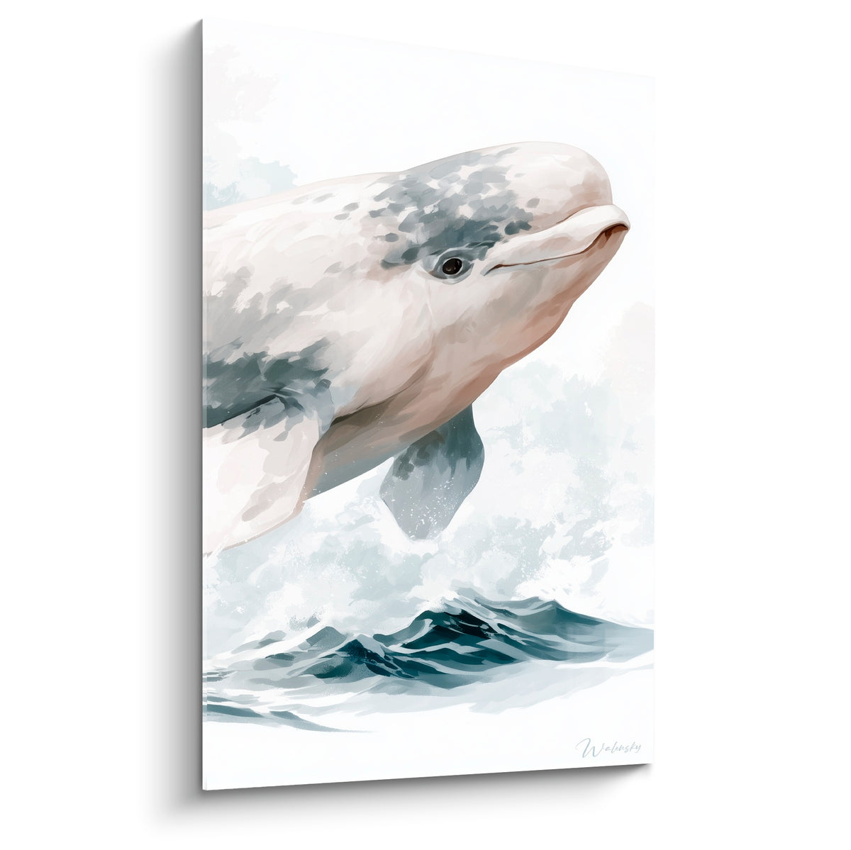 Beluga ivoire jaillissant des flots anthracite, corps arqué, aquarelle douce et vaporeuse