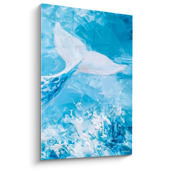Tableau Beluga bleu ciel et blanc nacré éclaboussures - Plongée écumante - Edition Beluga