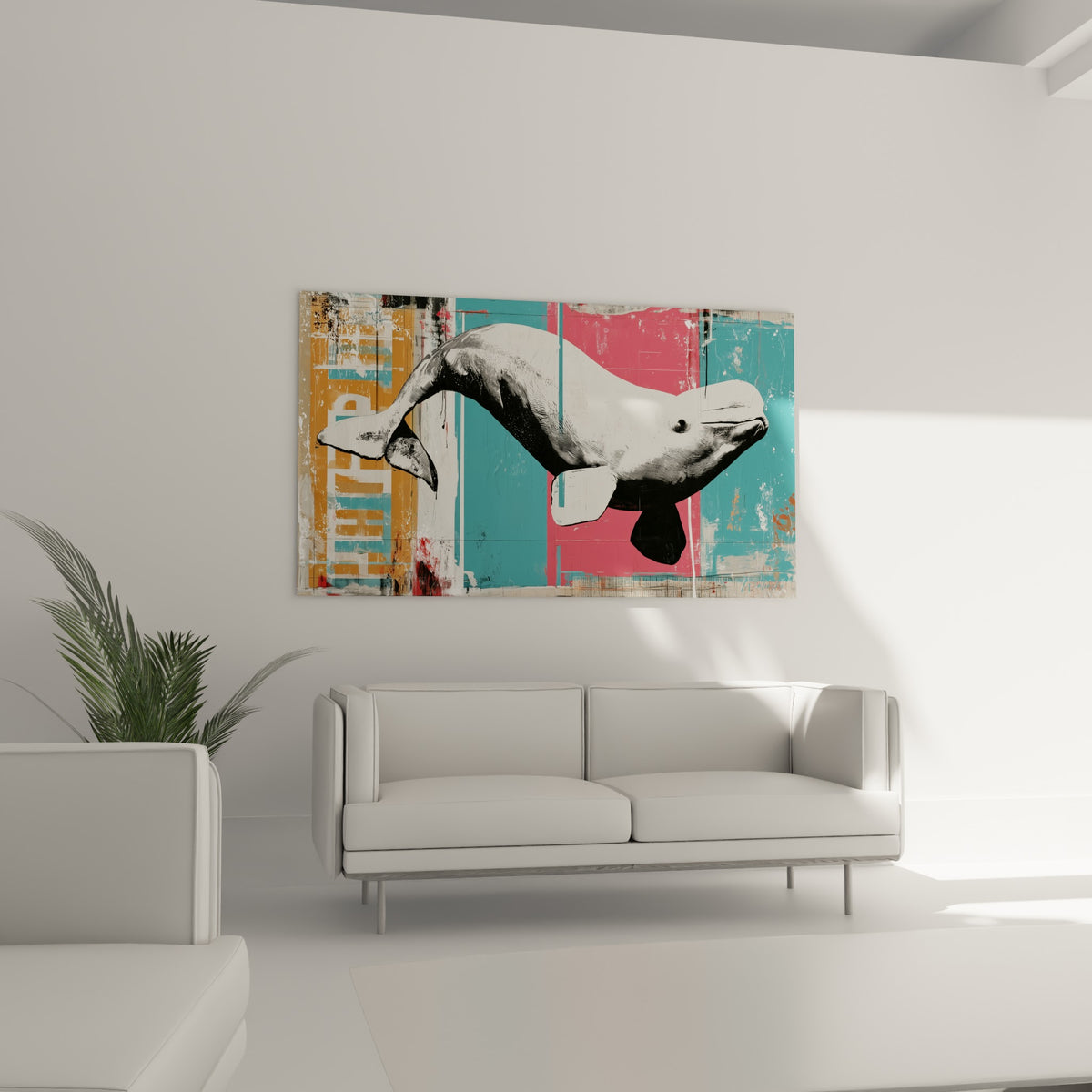 Mammifère marin blanc au fond bleu sarcelle et ocre doré, disposé au-dessus d'un canapé dans un salon lumineux