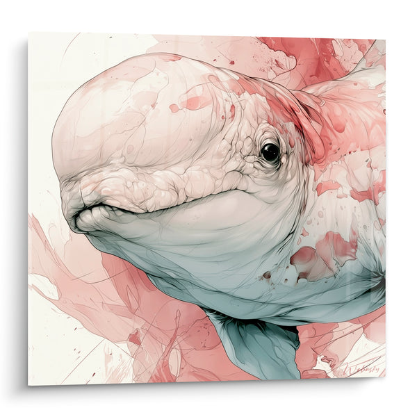 Tableau Beluga rose poudré et bleu gris aquarelle - Songe aquatique - Edition Beluga