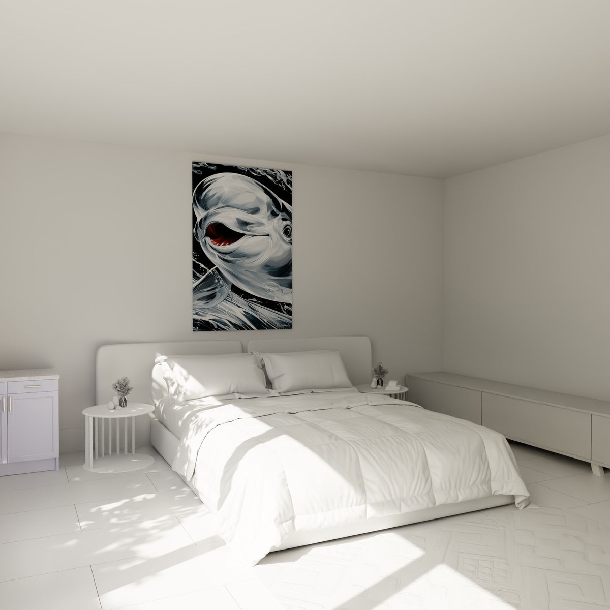 Sourire espiègle du Beluga blanc et gris perle au-dessus d'un lit dans une chambre claire