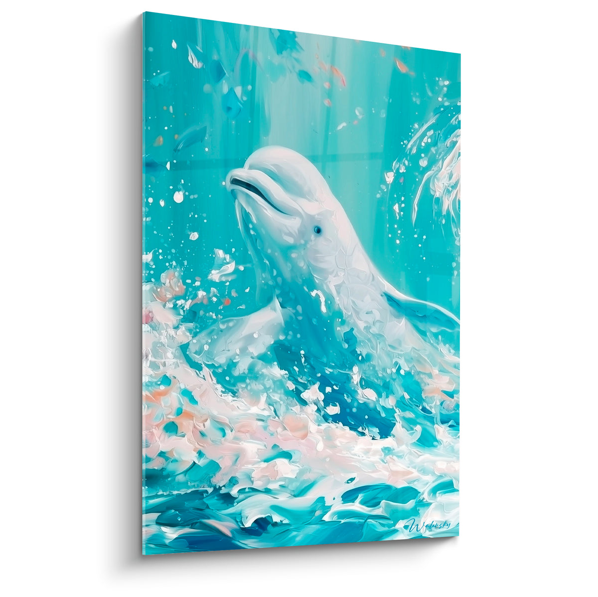 Beluga blanc jaillissant d'une eau turquoise et corail, empâtements fluides et regard bleu doux