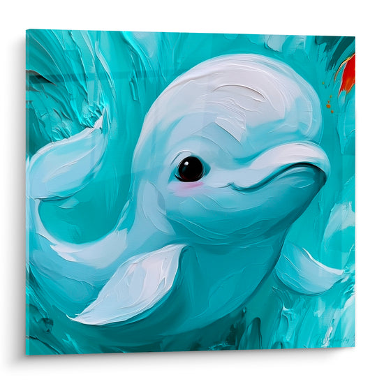 Beluga blanc aux joues roses émerge d'un tourbillon turquoise et blanc, peinture texturée à empâtements